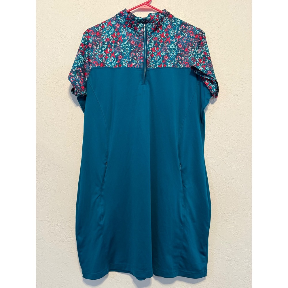 Pebble Beach Dry-Luxe Performance Golf Dress Teal Floral XL Quarter Zip Pockets